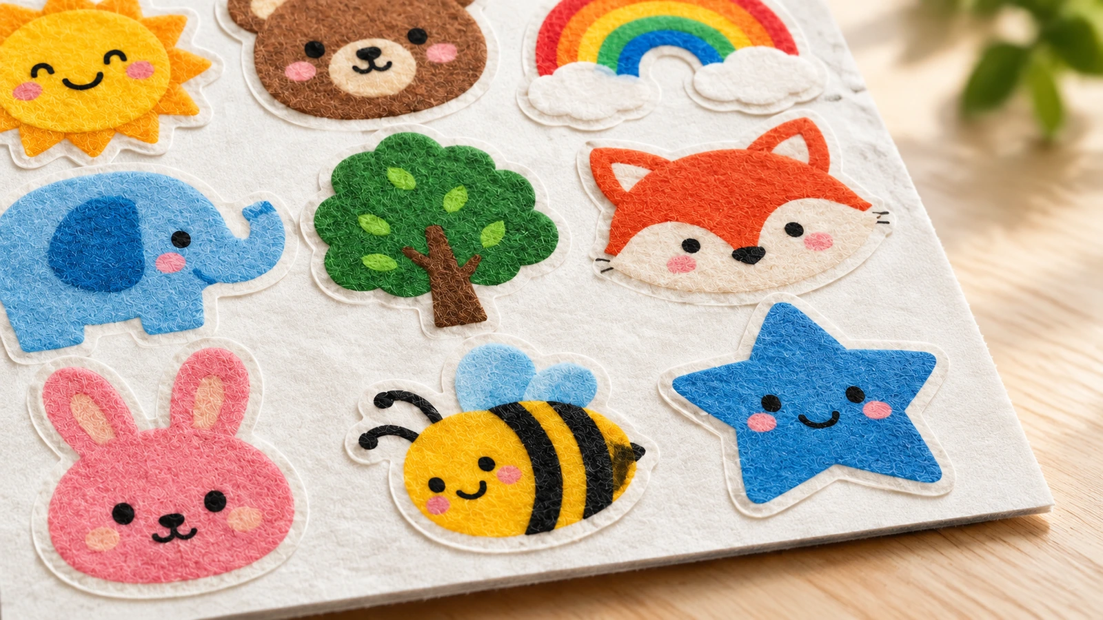 Felt sticker surface and adhesive backing options Felt sticker backing options with release liner peeled, shown on glass, kraft board, and plastic surfaces