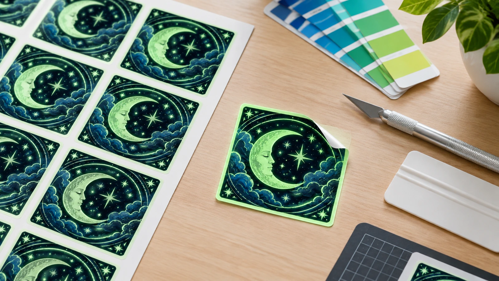 Where custom glow stickers are used Custom glow in the dark stickers on merch, a kids room wall, a laptop and a light switch in daylight and darkness