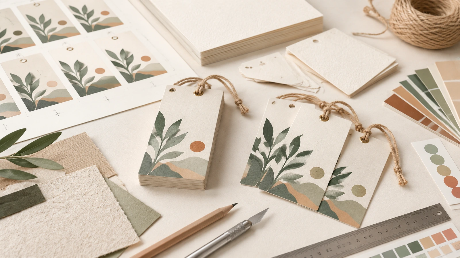 Custom printed paper hang tags in a retail buying scenario Custom printed paper hang tags attached to apparel and gift products in a boutique retail setting
