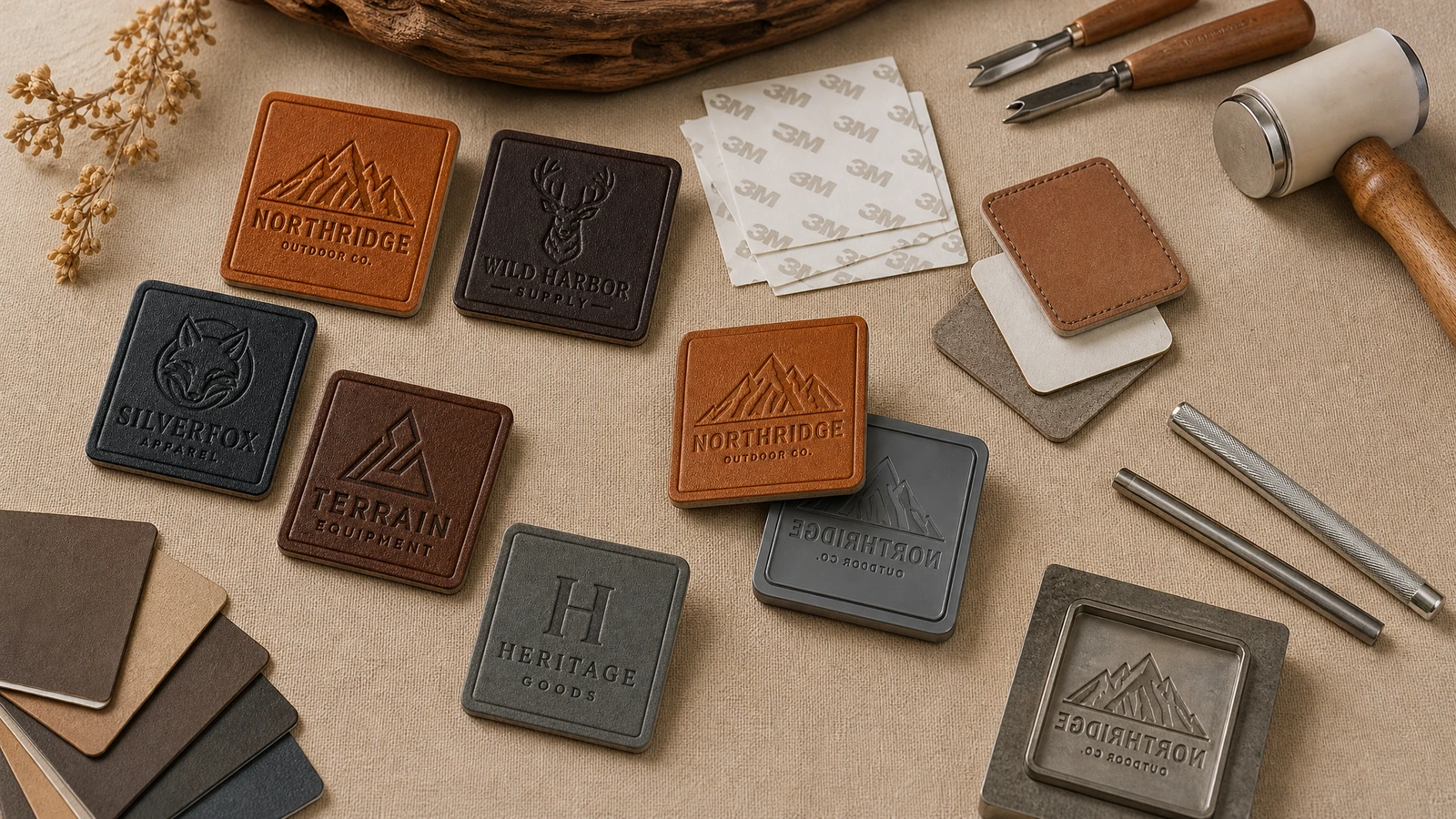 Custom embossed PU leather tag applications Custom embossed PU leather brand tags on a knit beanie, denim waistband, and tote bag