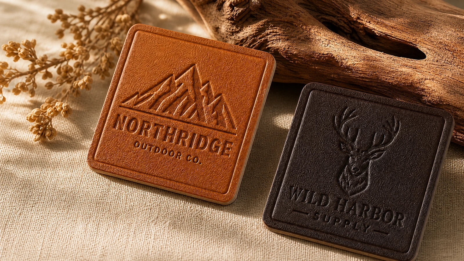 Tag sampling and production process PU leather tag production steps: cutting, heat embossing with a brass die, and edge finishing