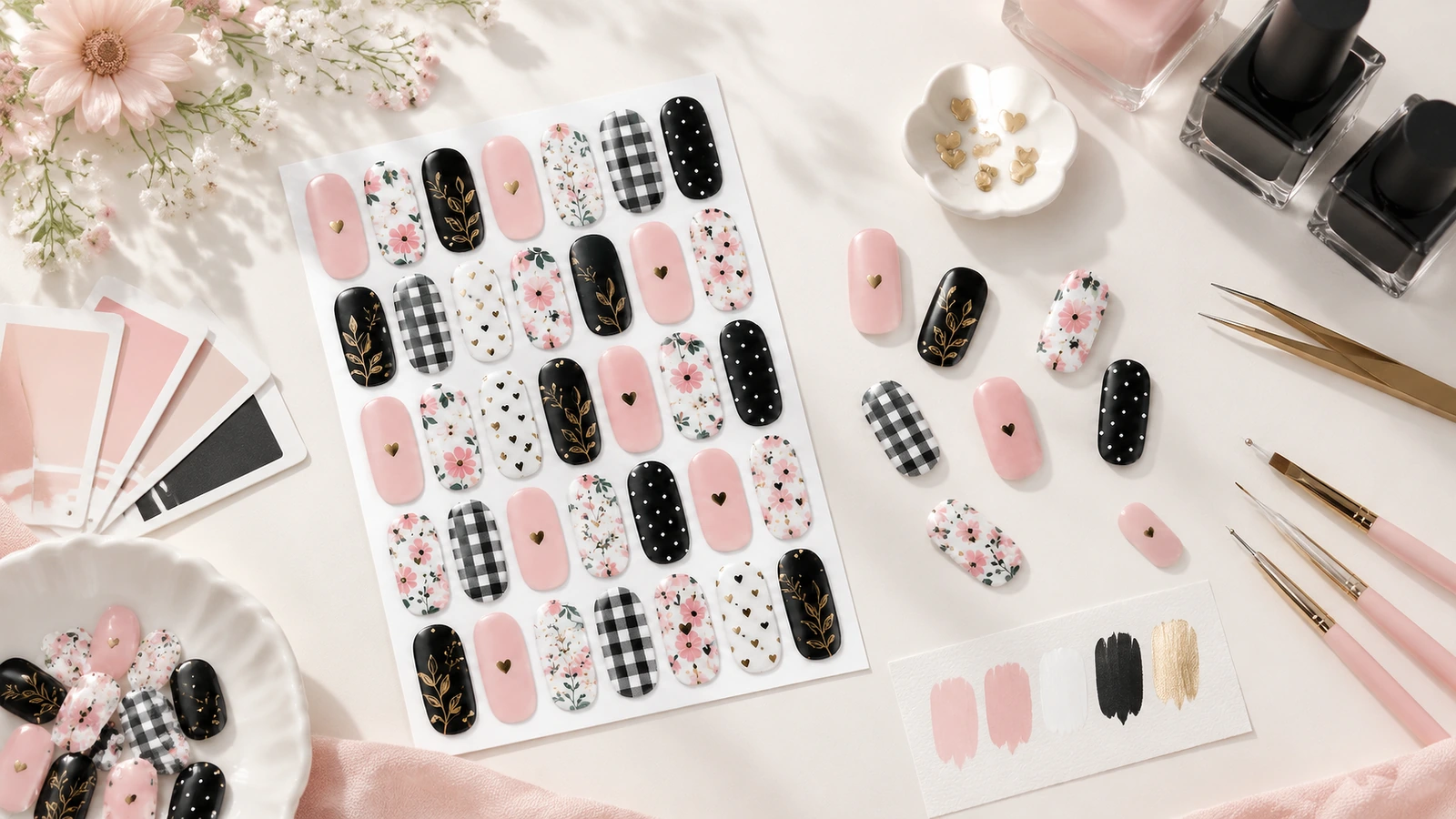 Custom nail sticker sheets in an at-home application scene Woman applying custom self-adhesive nail sticker sheets at a home vanity