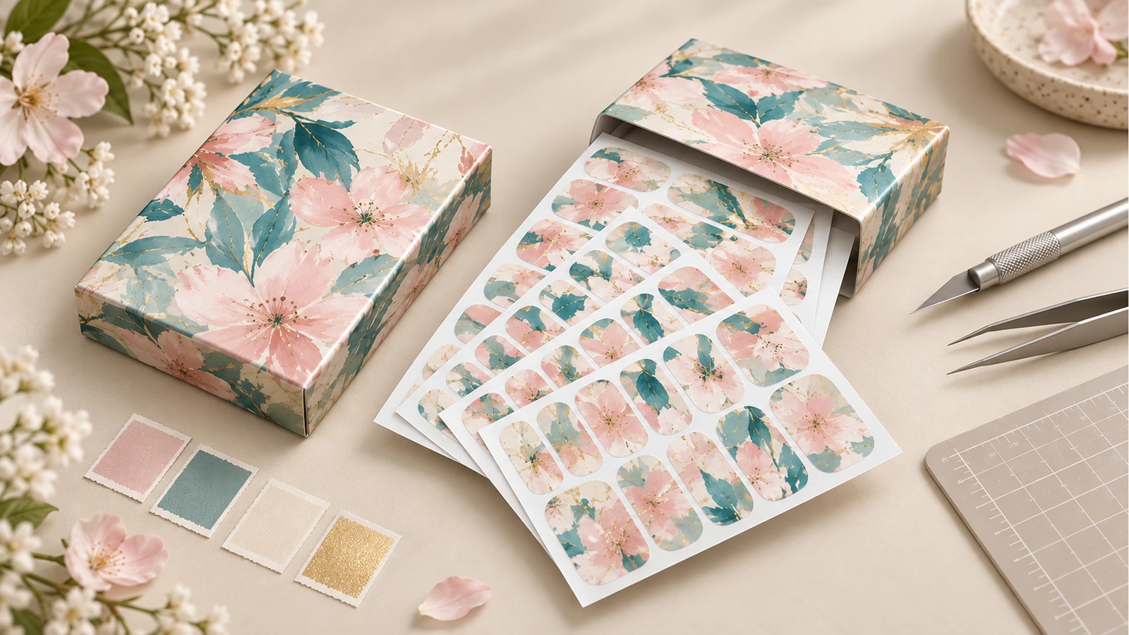 Sourcing custom full-cover nail wrap sticker sets Brand buyer reviewing custom full-cover nail wrap sticker sheets and a nail-width sizing chart on a studio table