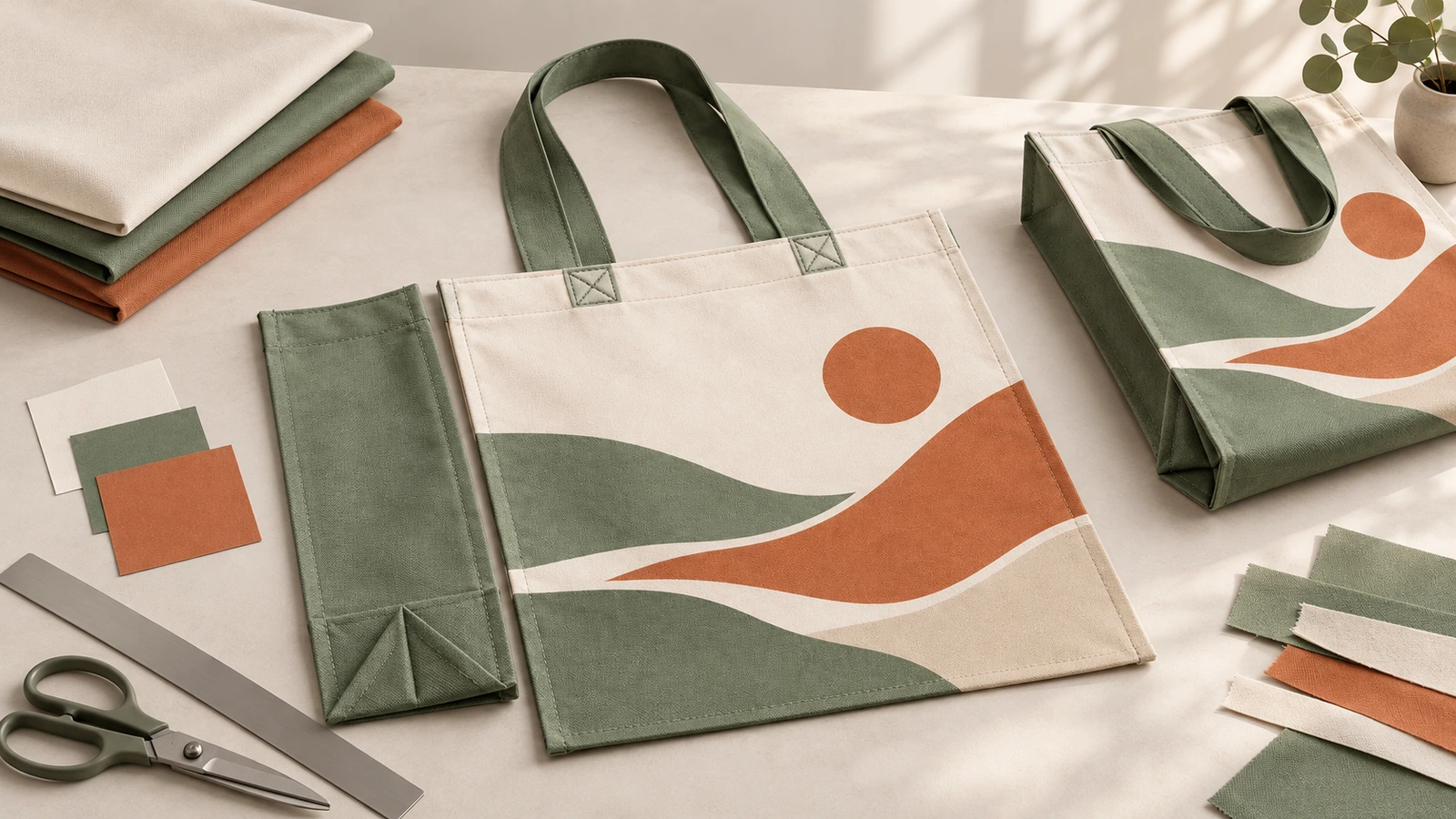 Custom non-woven totes in a trade show giveaway scenario Custom stitched non-woven tote bags handed out at a trade show booth