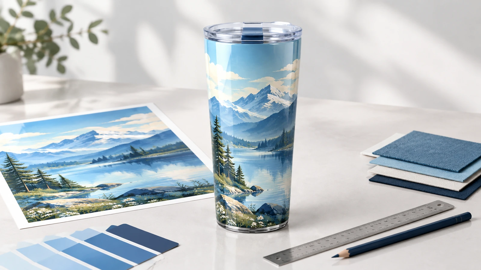 Custom plastic double-wall tumblers with a one-color logo handed out at a trade show booth