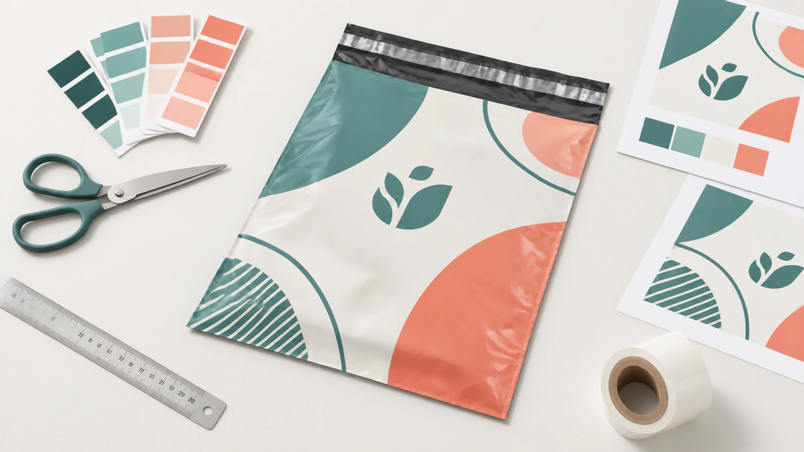 Evaluate printed mailers against your actual shipping scenario Illustrative printed poly mailers beside folded apparel at an ecommerce packing station