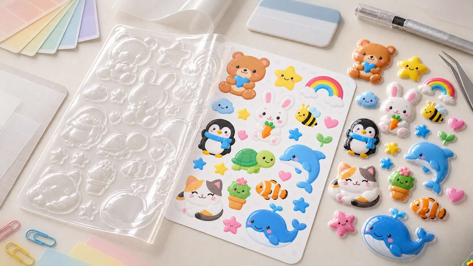 Custom puffy stickers in packaging and merch applications Custom 3D puffy sticker sheets used as cosmetic jar seals and gift box labels