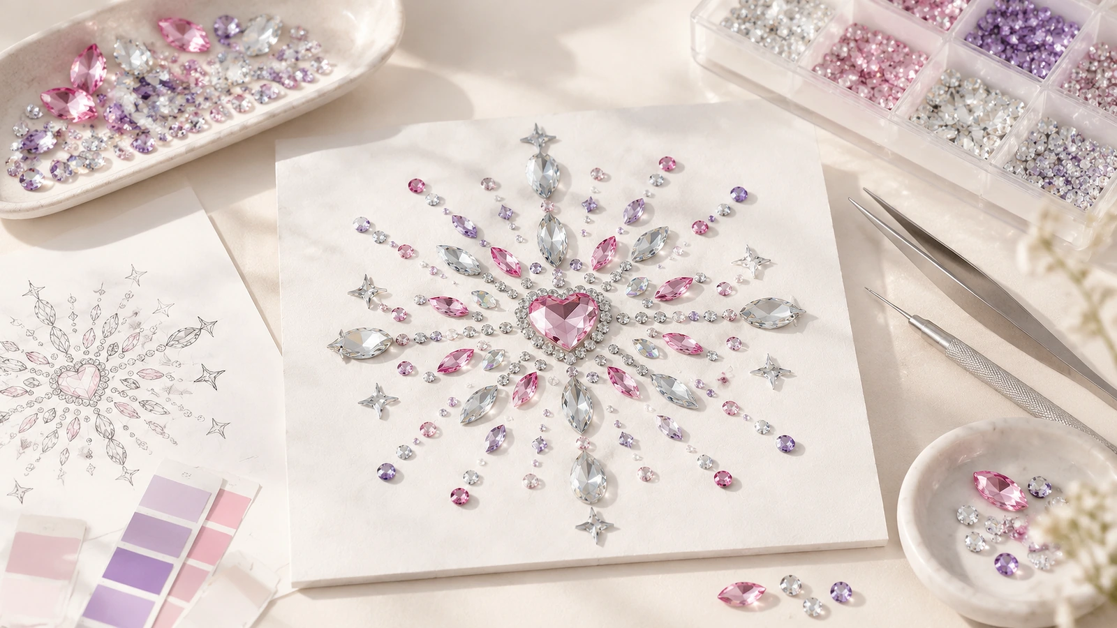 Custom rhinestone sticker application scenarios Custom rhinestone sticker motifs applied to greeting cards, nails, phone case and gift packaging