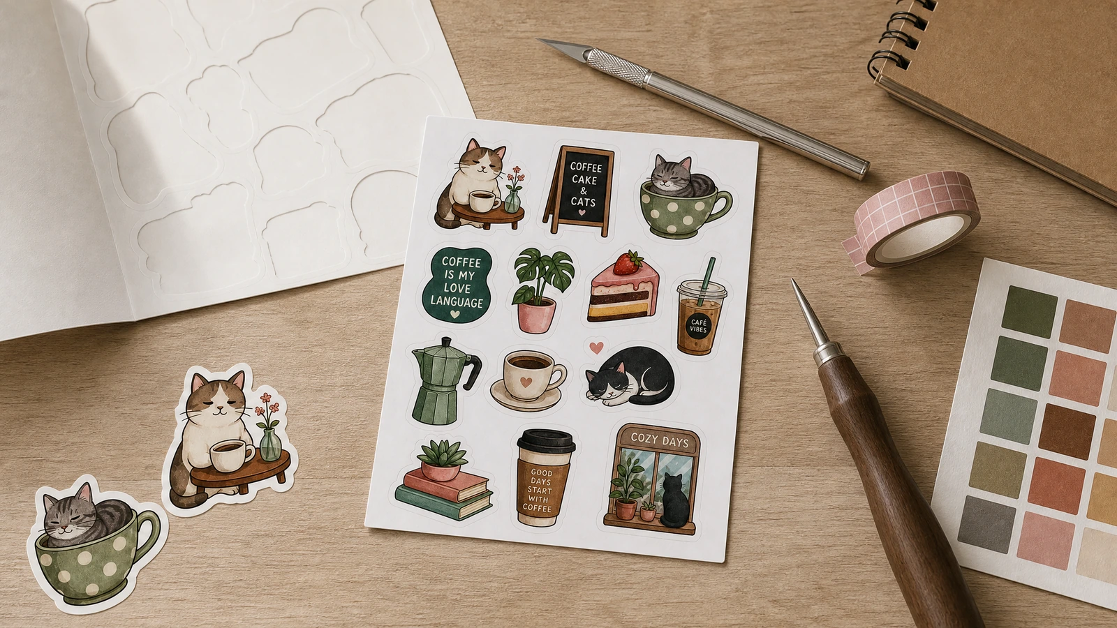 Custom sticker sheets in brand packaging and event use Custom kiss-cut sticker sheets used as packaging inserts and event giveaways