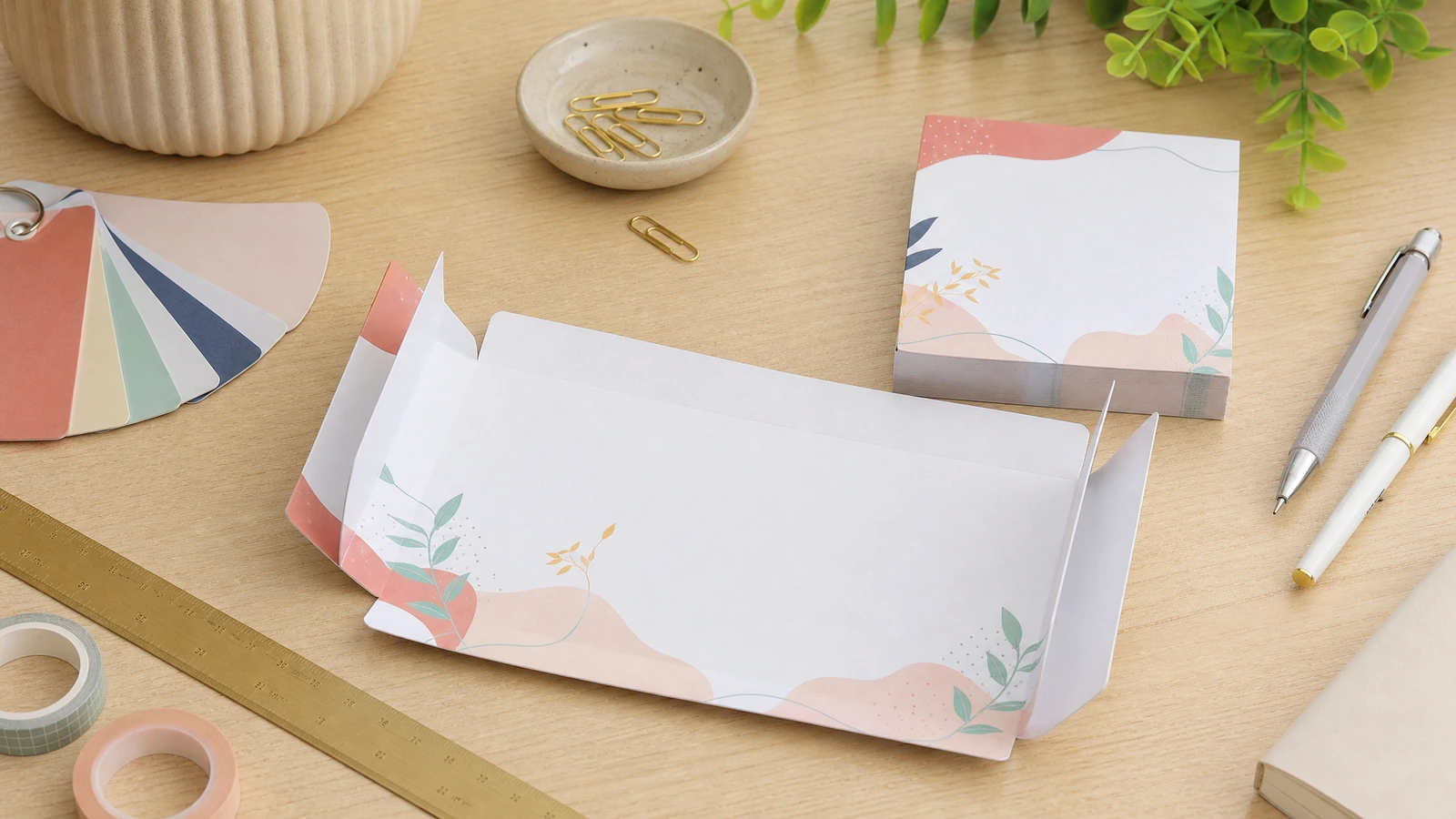 Where branded note pads get used Custom printed sticky note pads in a trade show bag, onboarding kit and reception desk