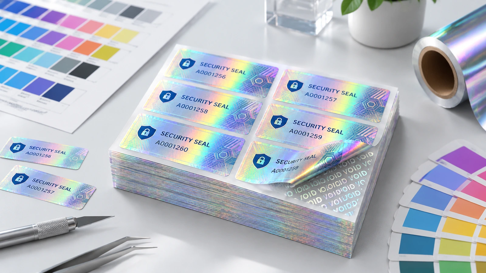 Custom VOID hologram security labels in brand-protection applications Custom VOID hologram labels sealing an electronics carton, supplement cap, and logistics box