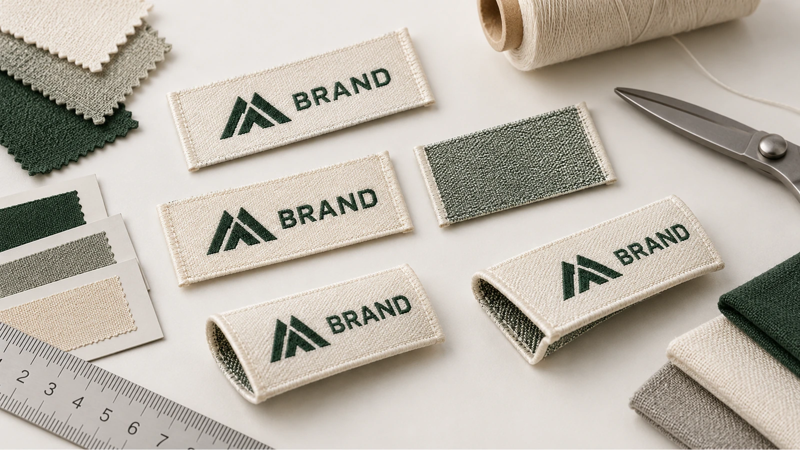Custom woven fabric brand tags in apparel and maker applications Custom woven damask brand tags sewn into apparel, knitwear, and tote bags