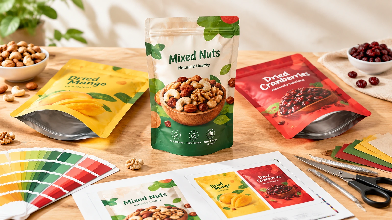 Procurement and application scene for custom zipper stand-up pouches Brand founder comparing custom printed zipper stand-up pouch samples for coffee and snacks