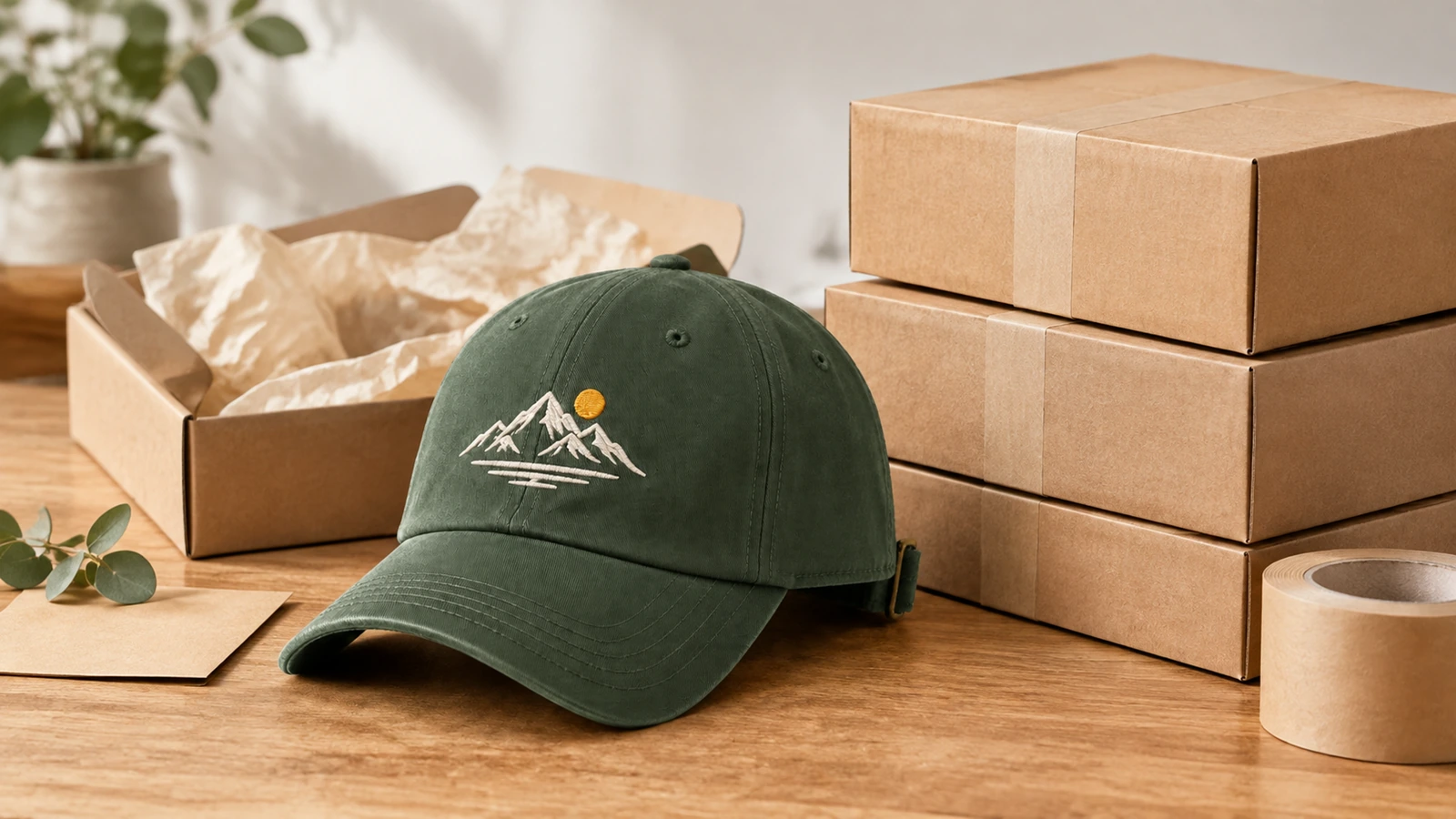Inspector checking embroidered cap logo edges, seams, and closure against approved sample