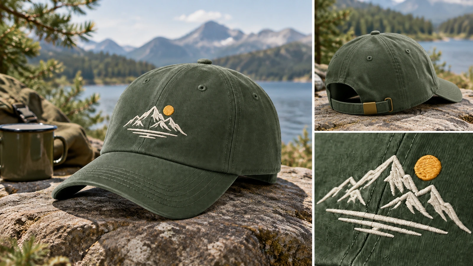 Embroidered caps nested in protective carton with reorder spec sheet