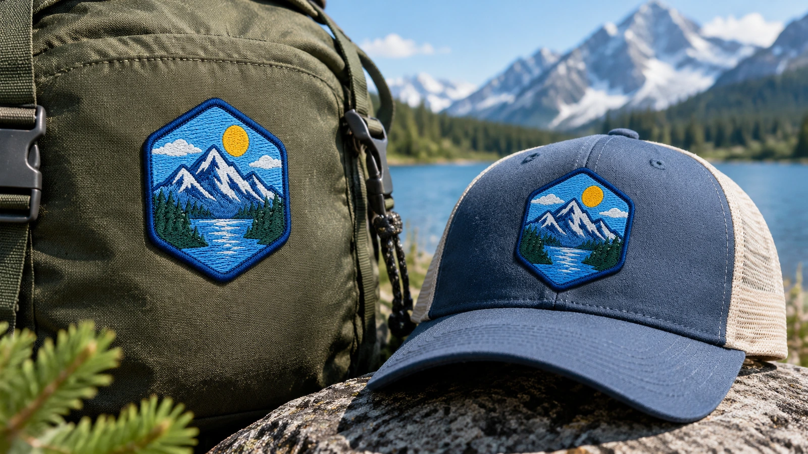 Multi-head embroidery machine stitching logo patches on twill with an approved sample beside it