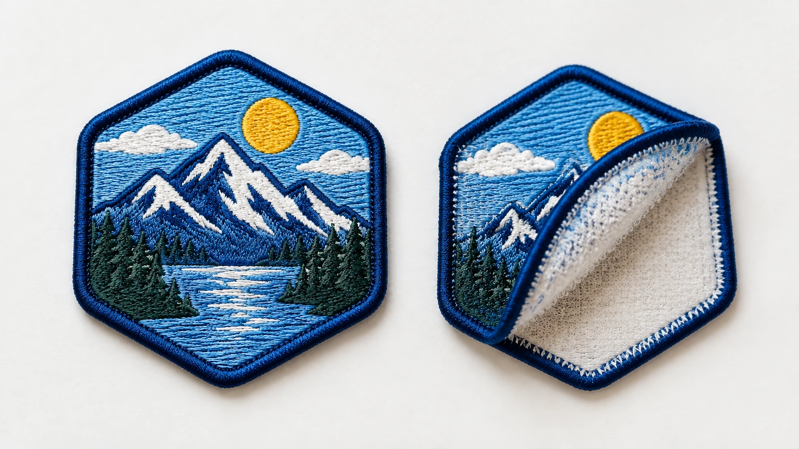 Embroidered patches in several sizes with a ruler showing minimum readable text height