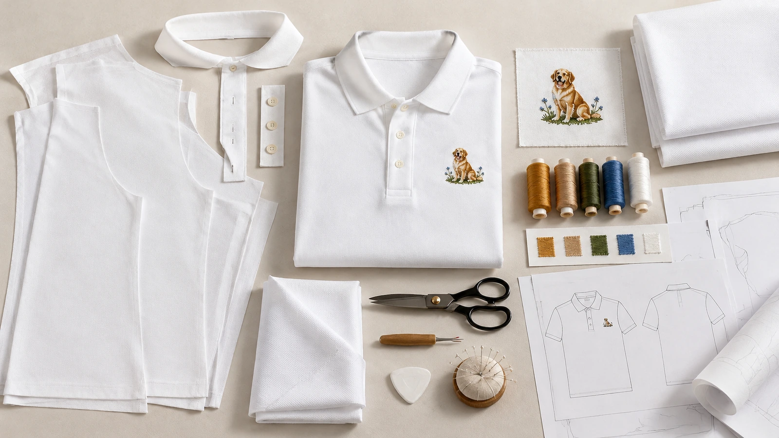 Embroidered piqué polos in a client-facing workplace Office team wearing custom embroidered cotton pique polo shirts at a front desk