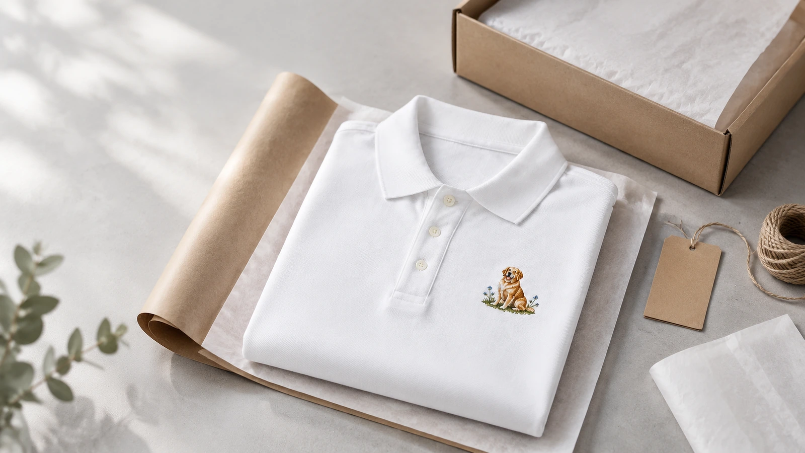 Quality inspection of embroidered polos Inspector measuring logo position and checking stitches on an embroidered polo