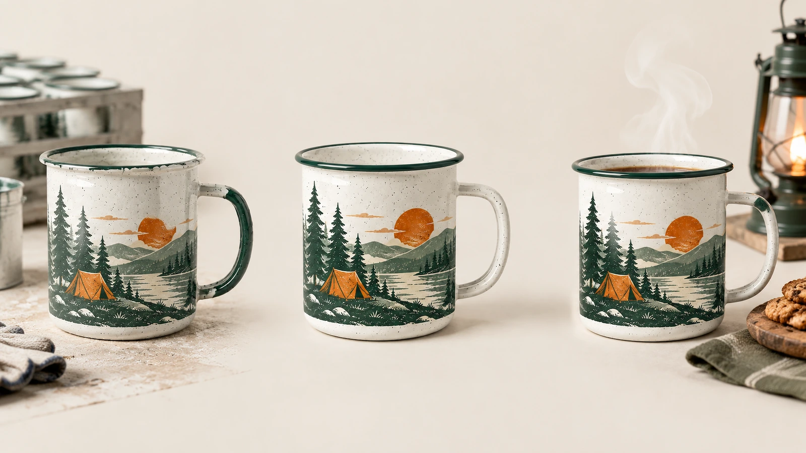 Artwork preflight on mug dieline Designer checking logo artwork on an enamel mug dieline with Pantone swatches before production
