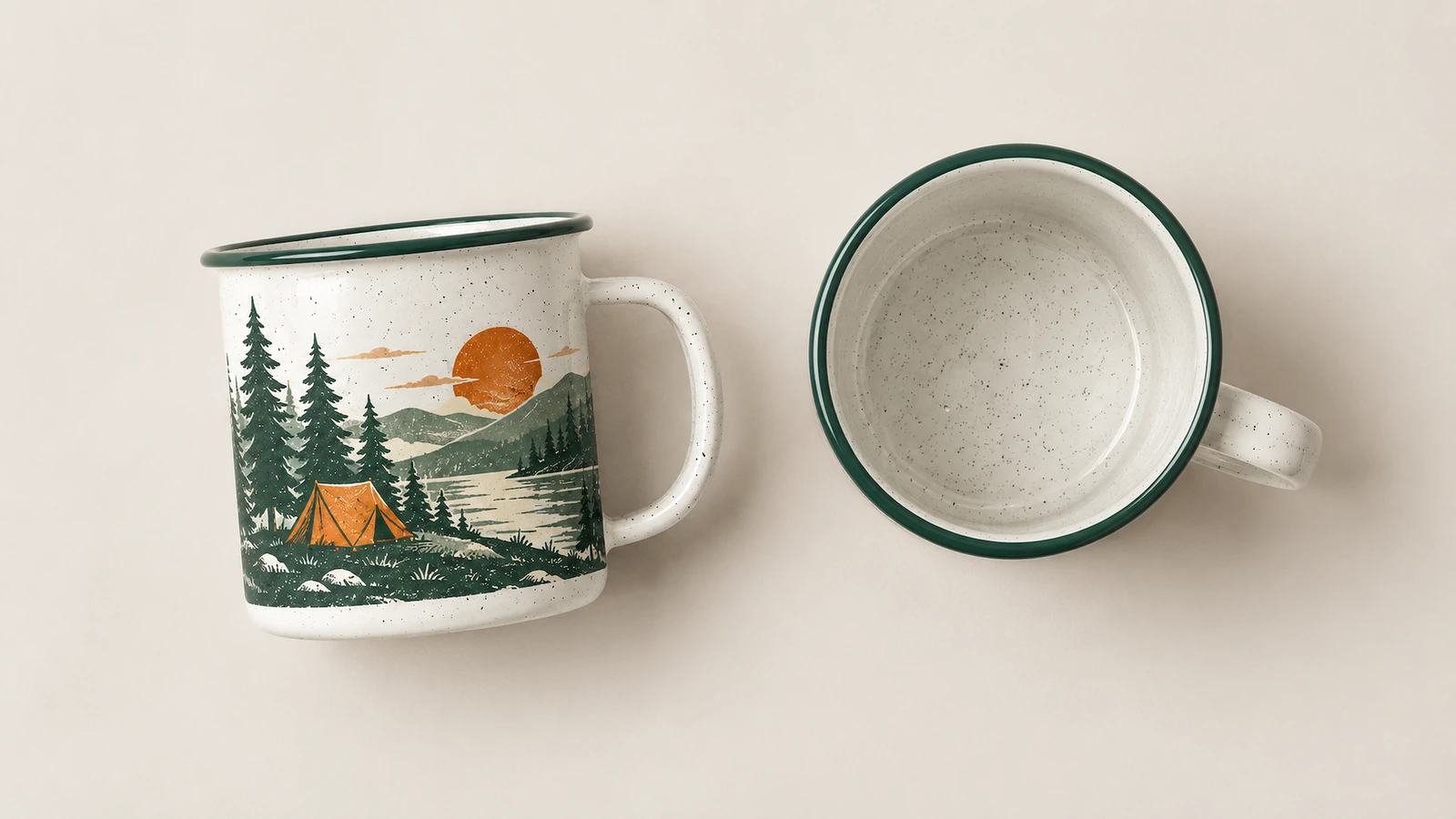 Enamel mug size and printable area Enamel camping mug with measured height, diameter and printable wrap area marked for logo readability