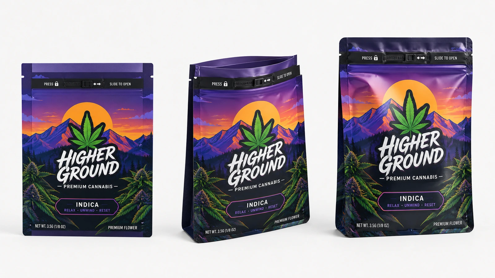 Packaging artwork preflight showing flat pouch outlines and reserved information zones