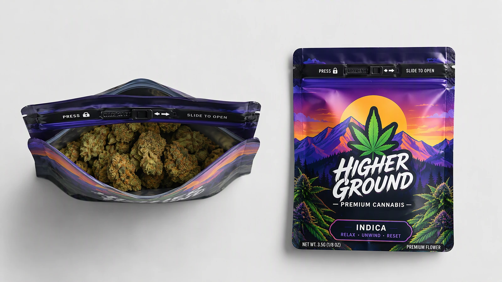 Flat pouch sample beside a dimension worksheet and front-and-back artwork proof