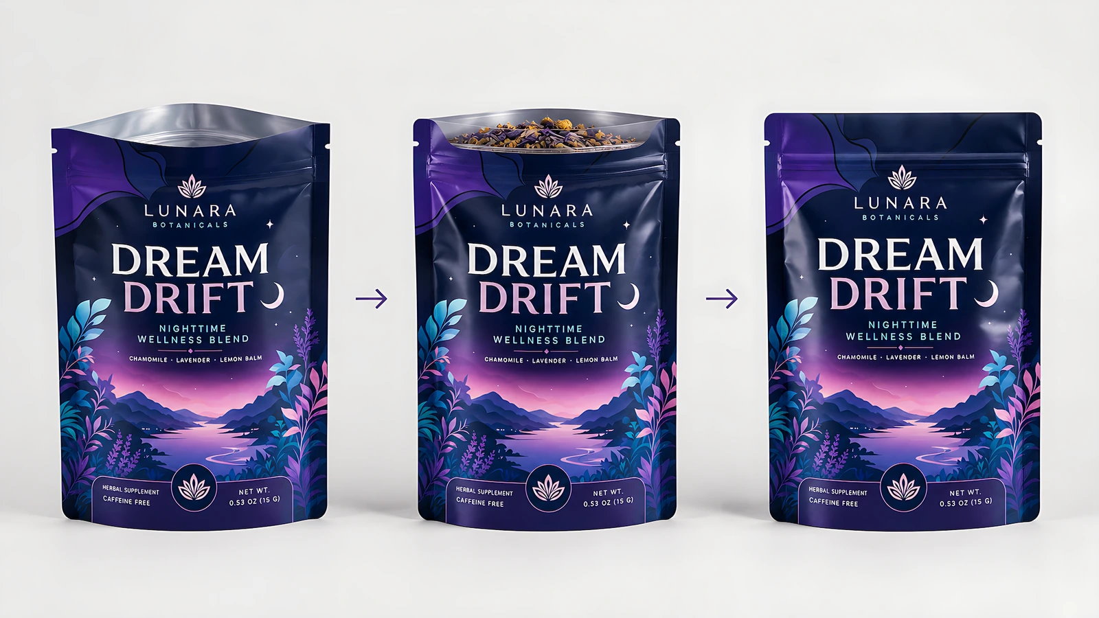 Packaging artwork preflight with front and reverse pouch layouts, a color reference, and material documentation