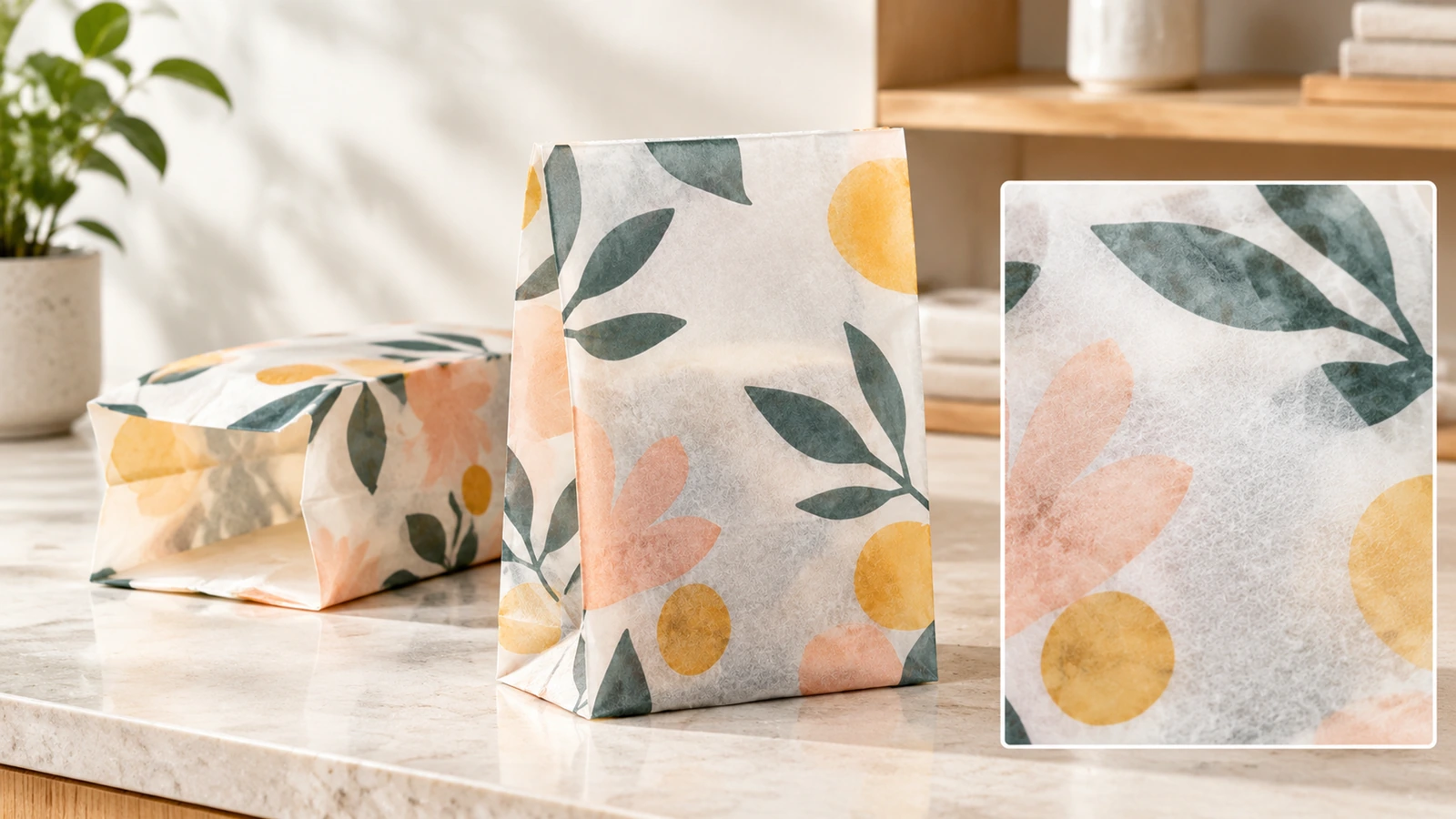Flat glassine bags protected inside a carton beside an approved sample and reorder record