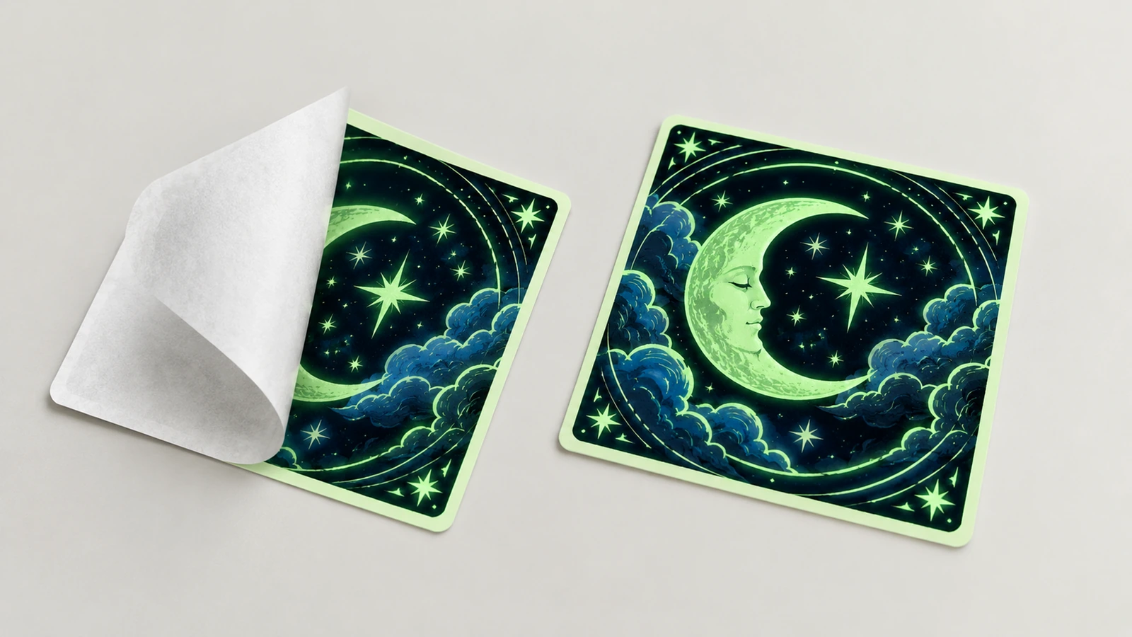 Size and readability in the dark Glow sticker size and readability comparison showing thick outlines versus thin lines in the dark