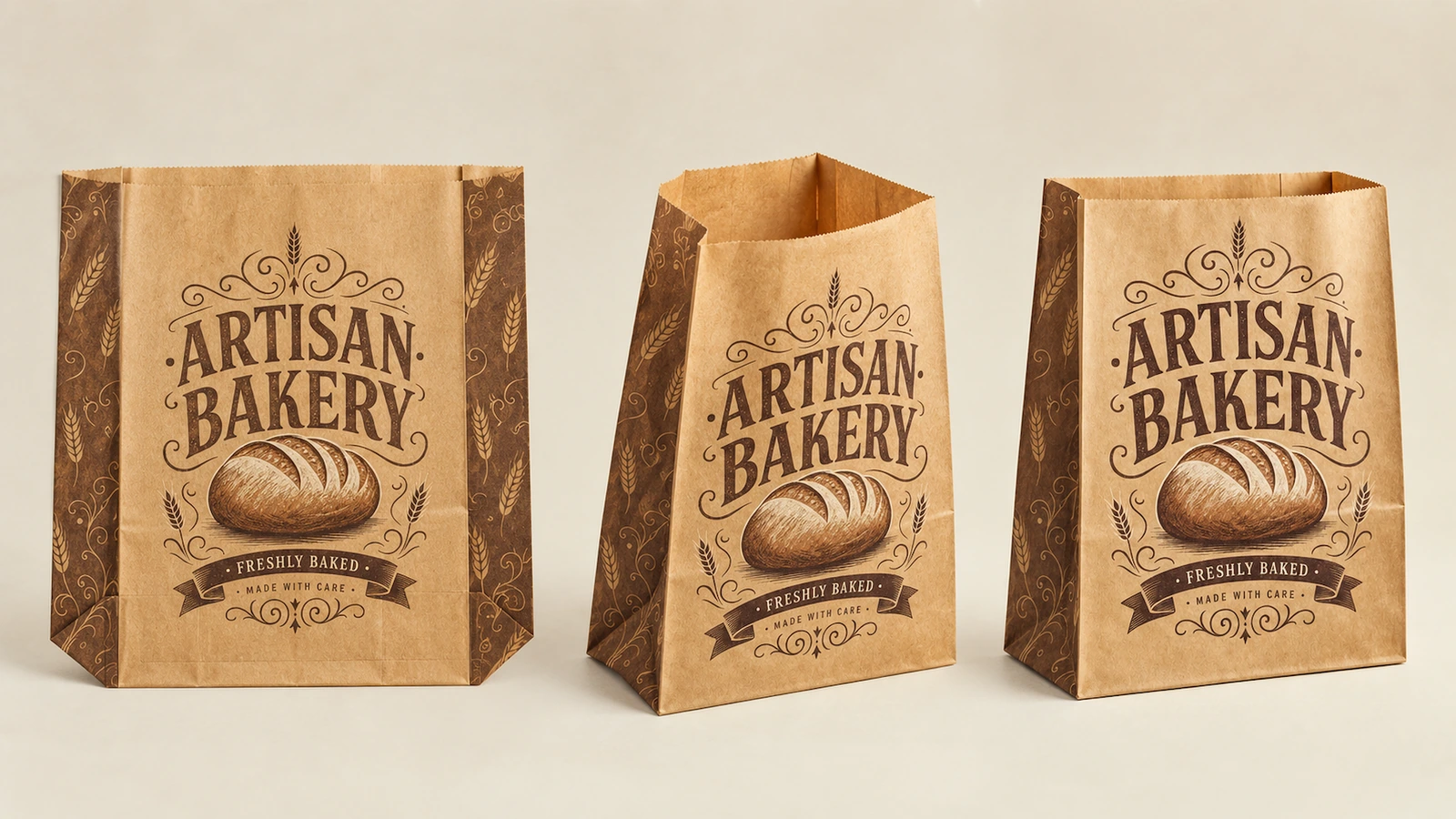 Artwork preflight desk with a bakery bag dieline, vector logo and physical folded sample