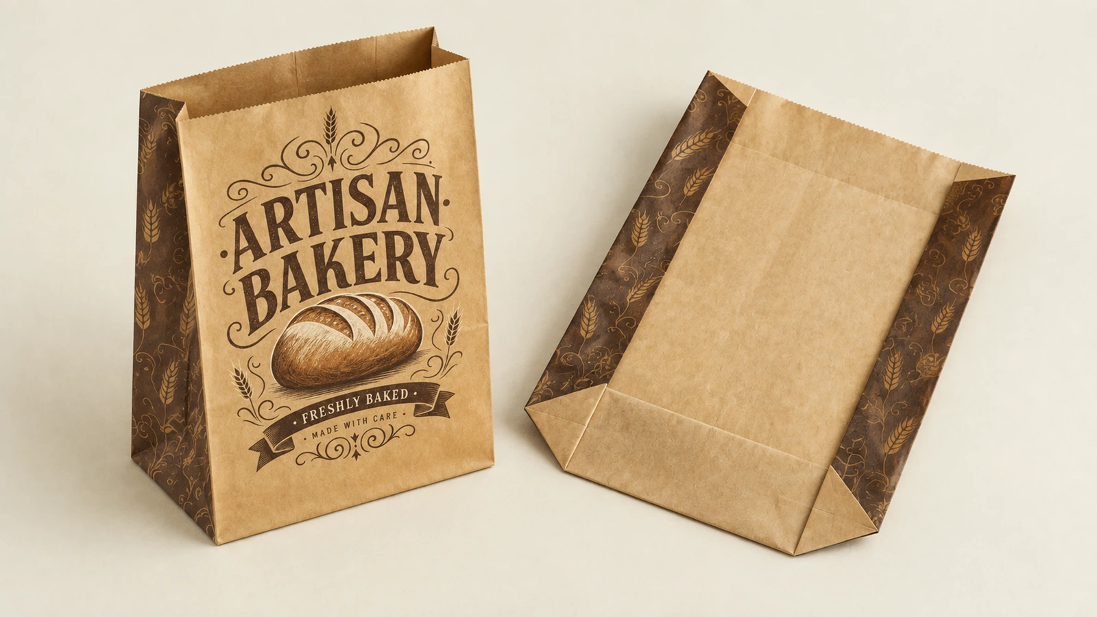Bakery bag sizing and logo readability review using an unnumbered dimension drawing