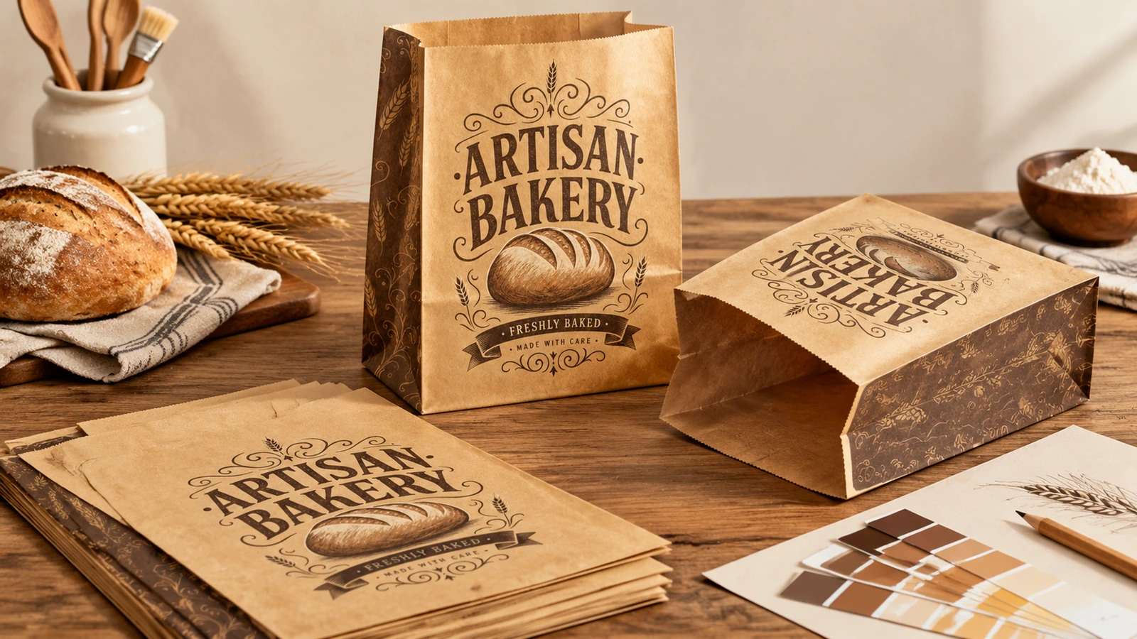 Illustrative bakery purchasing scene with printed paper bag samples beside pastries