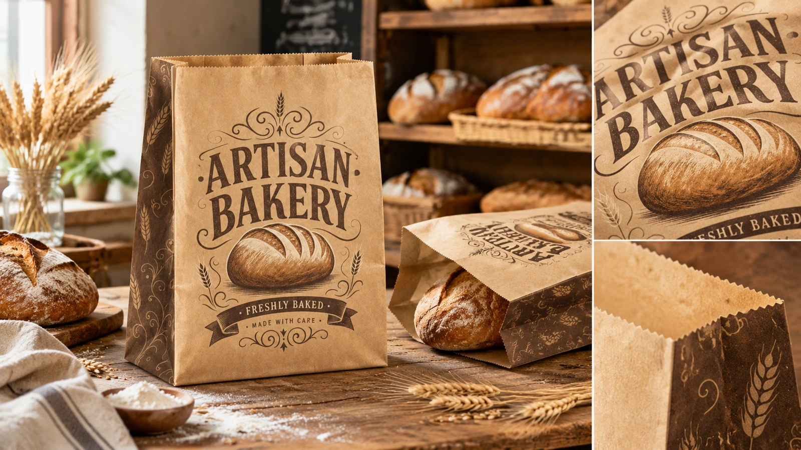 Printed bakery bags packed flat in a protective carton beside an approved reorder sample