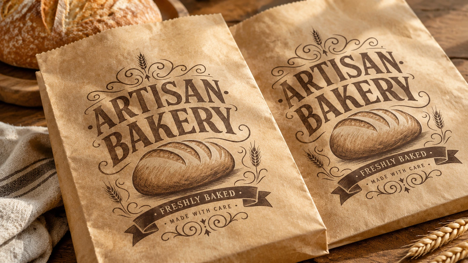 Illustrative tabletop sequence of paper selection, printing, bag forming and sample approval