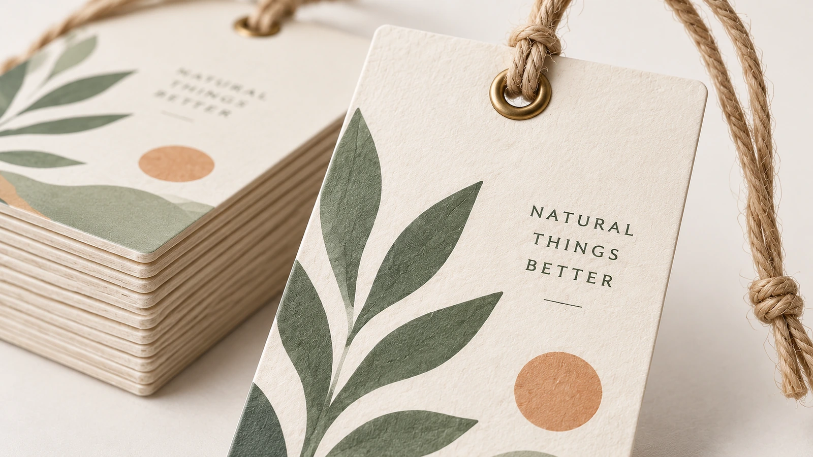 Hang tag surface and attachment options Hang tag stock and finish samples including coated, uncoated, kraft and soft-touch with cotton string, ribbon and barb attachments