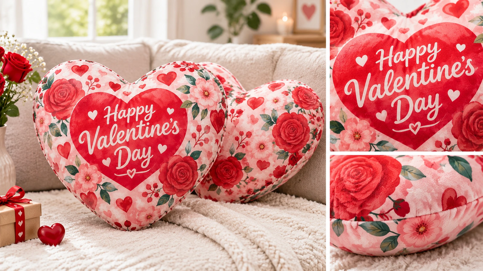 Vacuum-packed heart pillows in gift boxes with fluffing card and reorder records