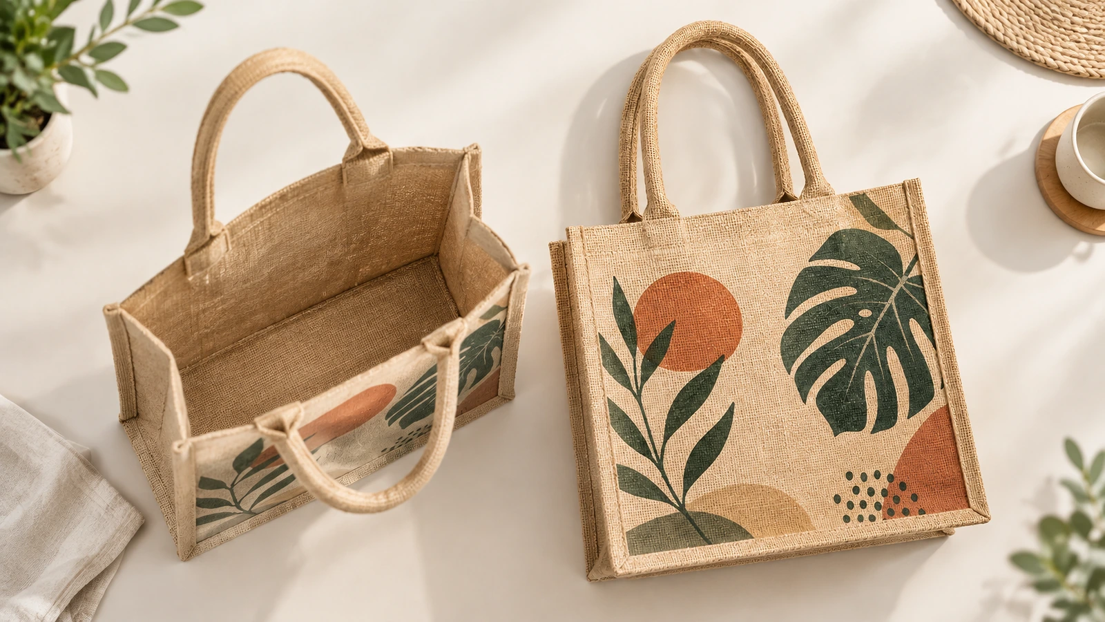 Bold logo next to fine-line logo printed on coarse jute weave for readability comparison