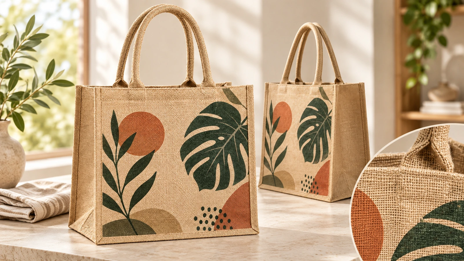 Jute totes packed in moisture-protected export cartons with labels and a retained golden sample