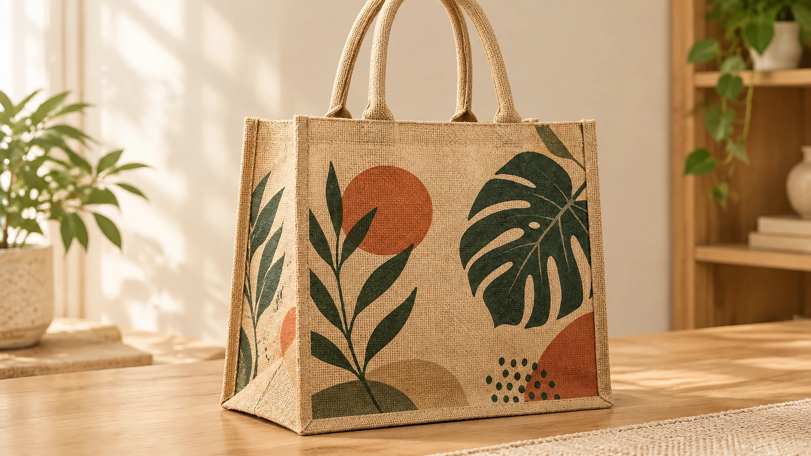 Jute panels screen printed flat before sewing gussets and attaching cotton handles