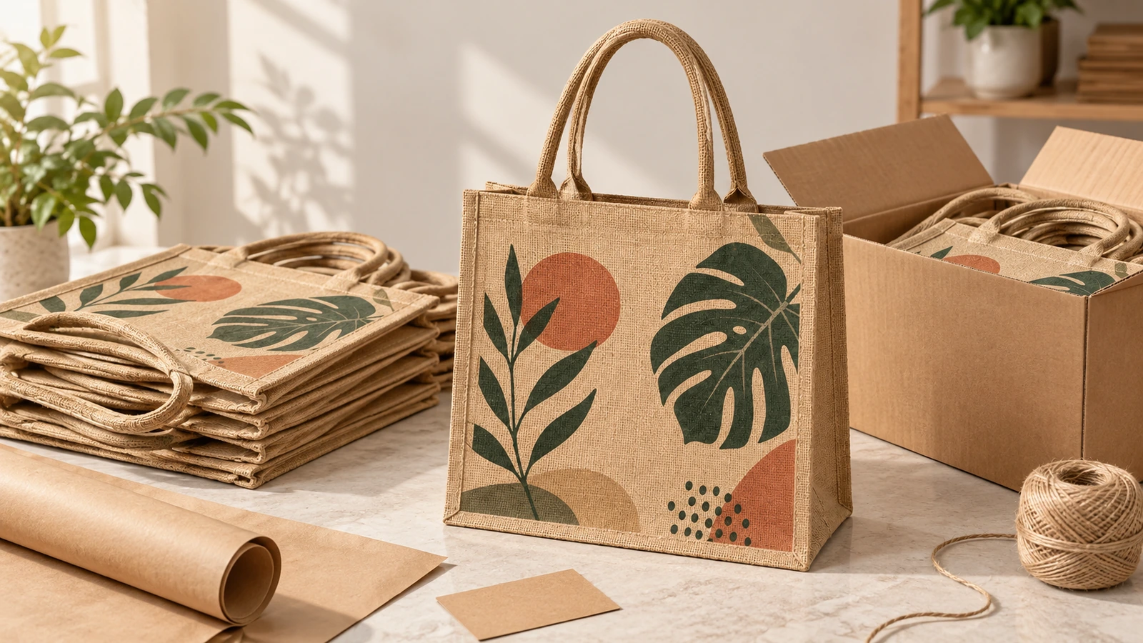 Inspector checking jute tote seams, handle stitching, print registration and odor before shipment