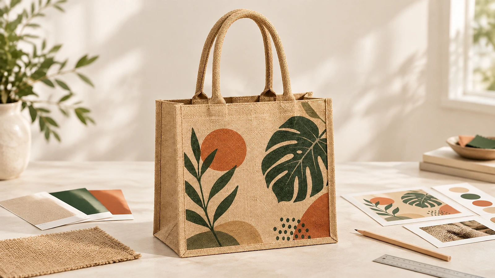 Logo-printed jute shopping totes handed out at a US trade show booth