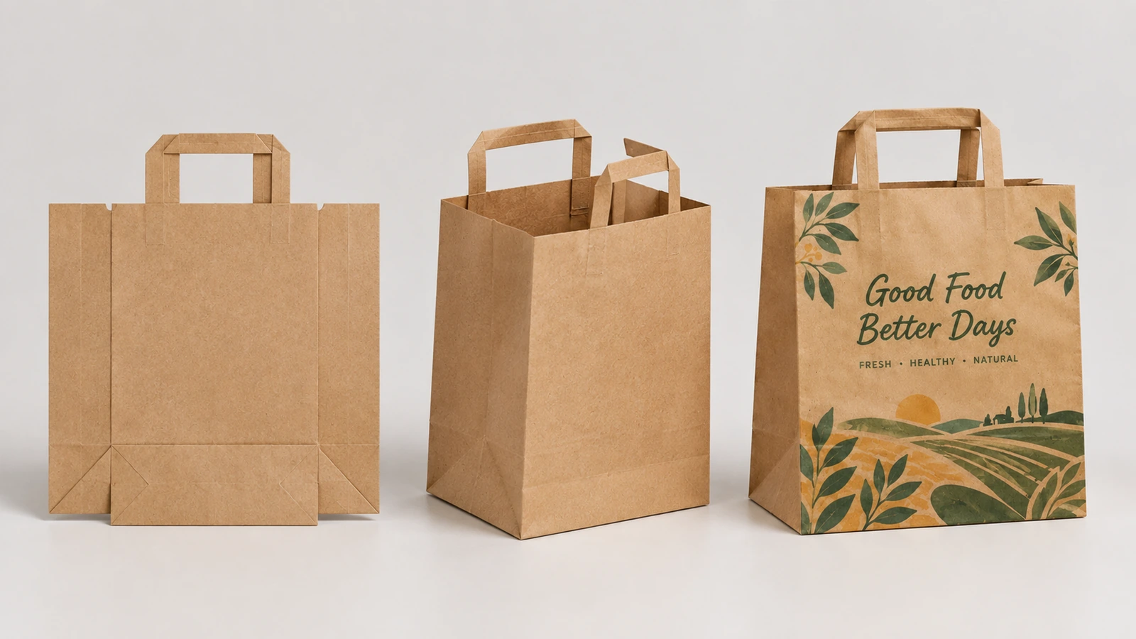 Kraft bag artwork proof and flat-handle sample arranged for print preflight