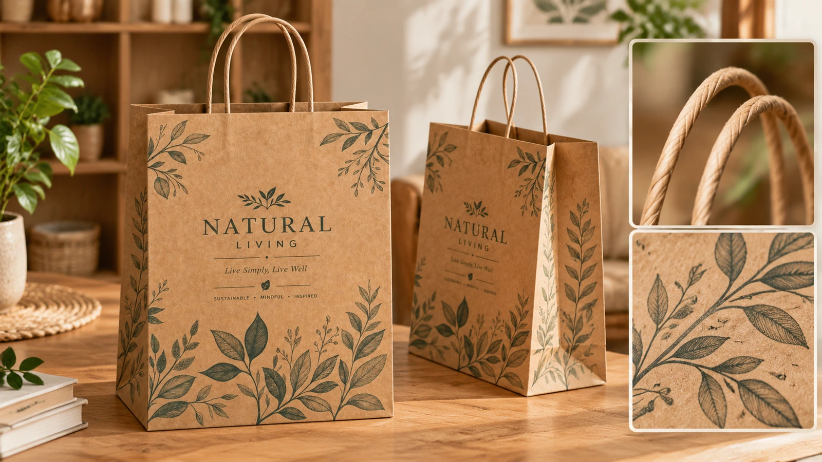 Flat-packed brown kraft bags in a shipping carton beside a retained sample for repeat-order comparison