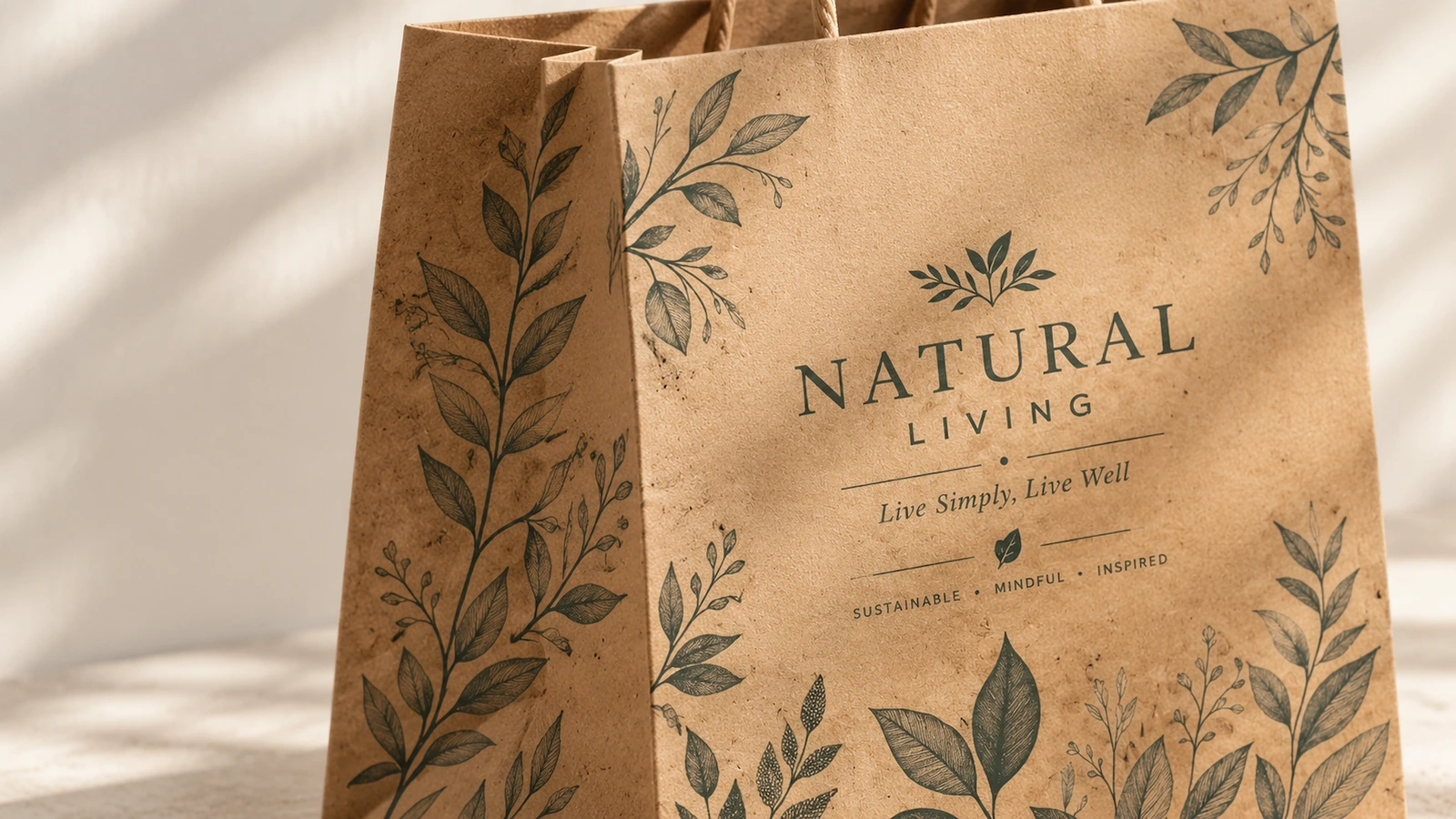 Illustrative sequence from kraft paper and printed blanks to an assembled twisted-handle shopping bag