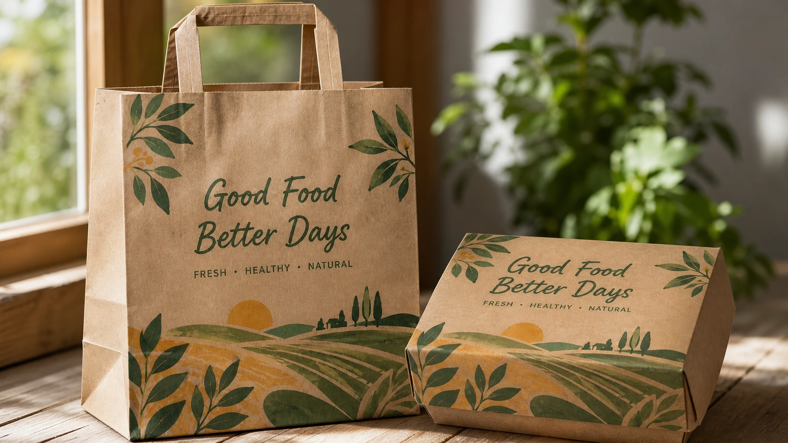 Conceptual kraft bag production stages from printed paper to an assembled flat-handle bag