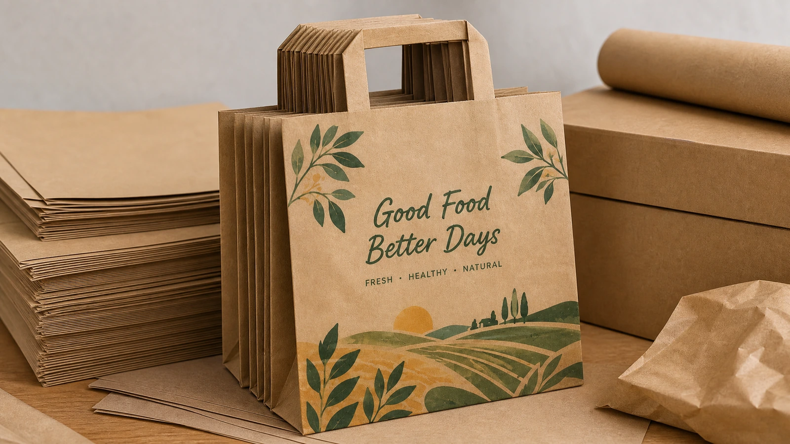 Inspector checking flat handles, bottom seams, and print on a brown kraft takeaway bag