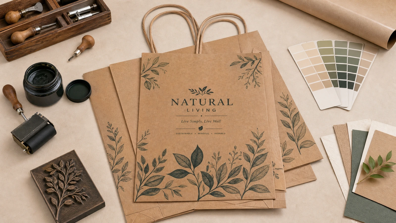 Brown kraft shopping bag with twisted handles beside boxed merchandise at a retail counter