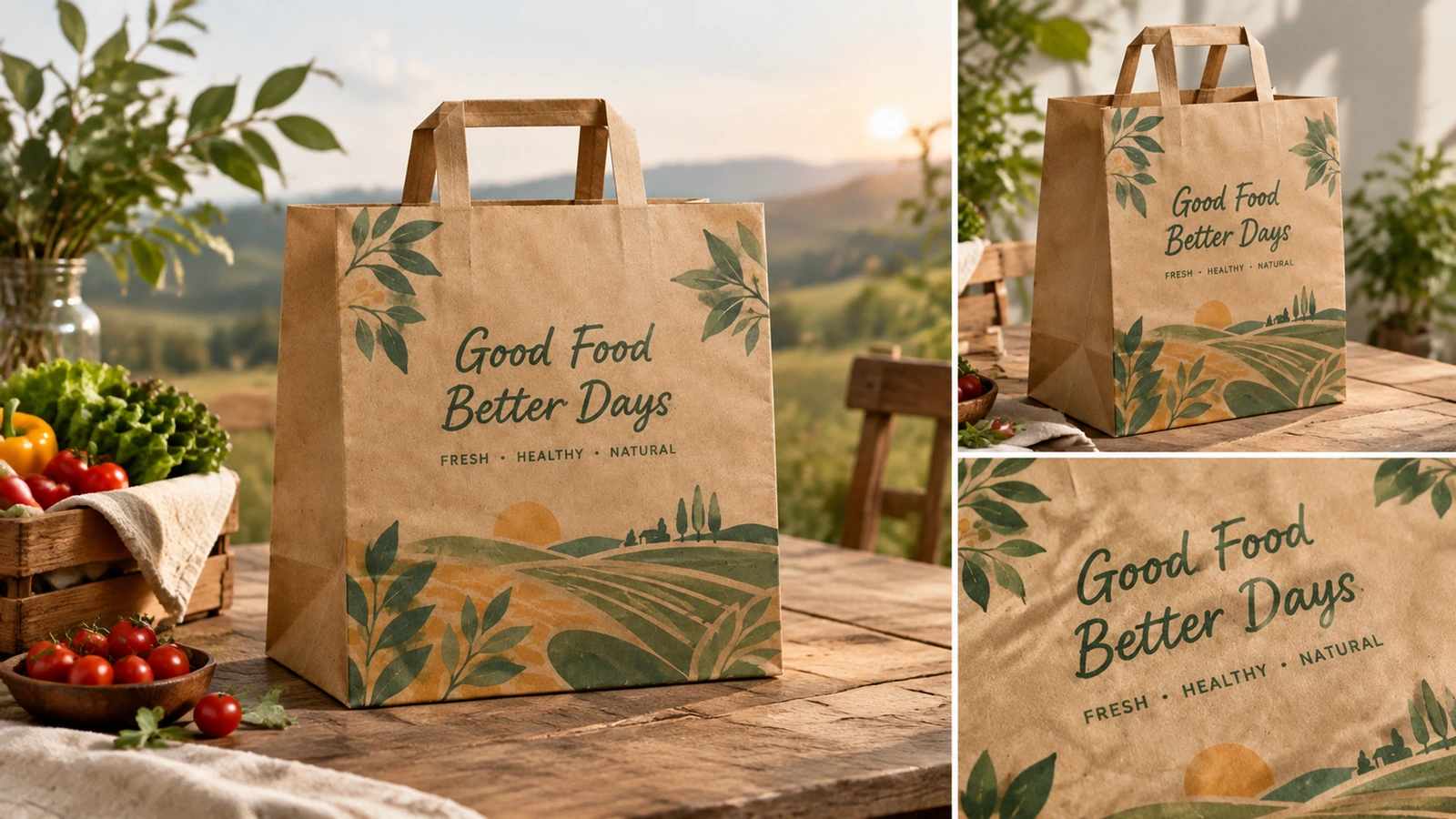 Flat-packed kraft takeaway bags in a shipping carton beside an approved reorder sample