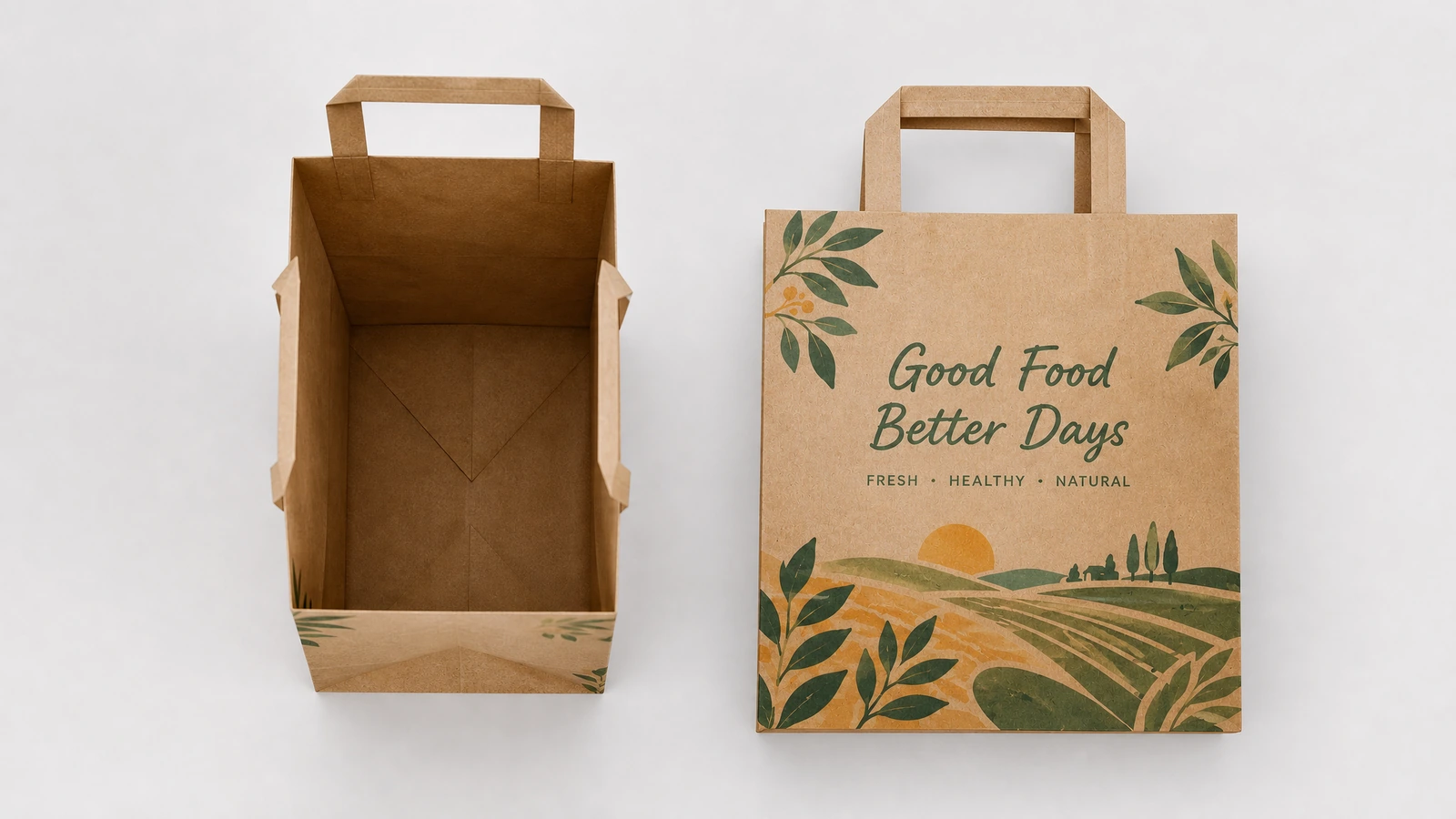 Flat-handle kraft bag sample being checked for container dimensions and logo readability